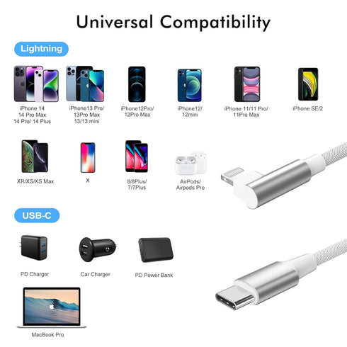 iPhone 20W Fast Charger USB C to Lightning Cable, 2-Pack 6FT, MFi Certified, Right Angle, Nylon Braided, Compatible