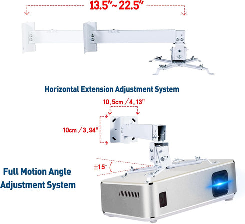 White Projector Ceiling/Wall Mount, Low Profile Universal Holder/Bracket/Hanger Kit with Adjustable Height Pole for