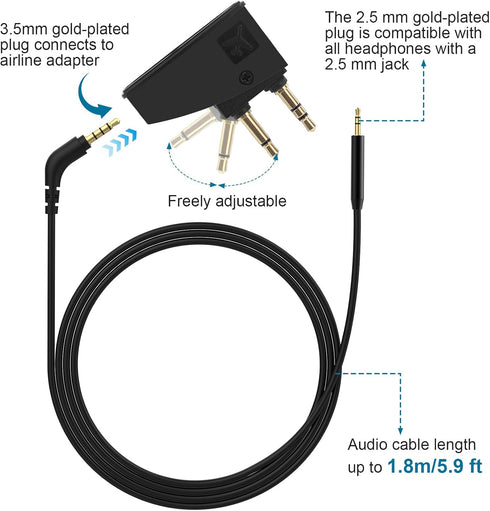 Airplane Headphone Adapter Comes with 2.5mm to 3.5mm Male Audio AUX Cable, Golden Plated 3.5mm Jack for Airplane/Home TV/Gym/Boats/Car, Foldable Single/Double Gold Plug