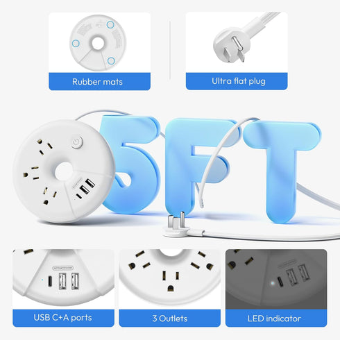 NTONPOWER Travel Power Strip with USB Ports, 3 Outlet and 3 USB (1 USB C), 5 ft Extension Cord, Compact for Home Office