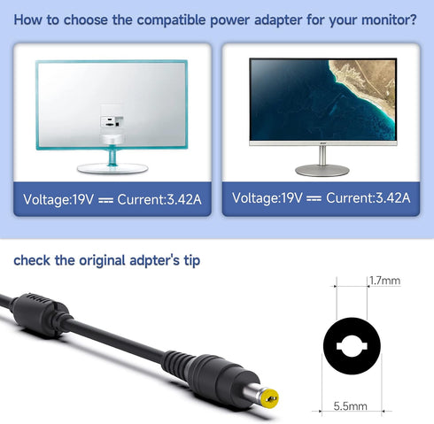 19V 65W AC Adapter Power Cord, Compatible with Acer LCD Monitor SA370 H226HQL and More Series