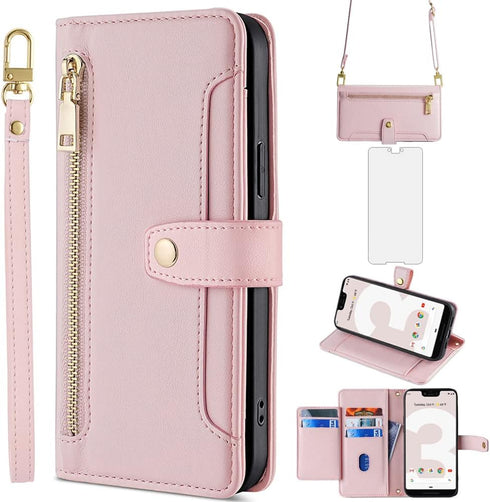 Asuwish Phone Case for Google Pixel 3 XL, Rose Gold Zipper Leather Wallet Cover with Screen Protector, Flip Stand,