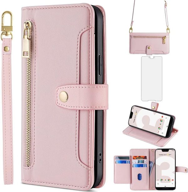 Asuwish Phone Case for Google Pixel 3 XL, Rose Gold Zipper Leather Wallet Cover with Screen Protector, Flip Stand,