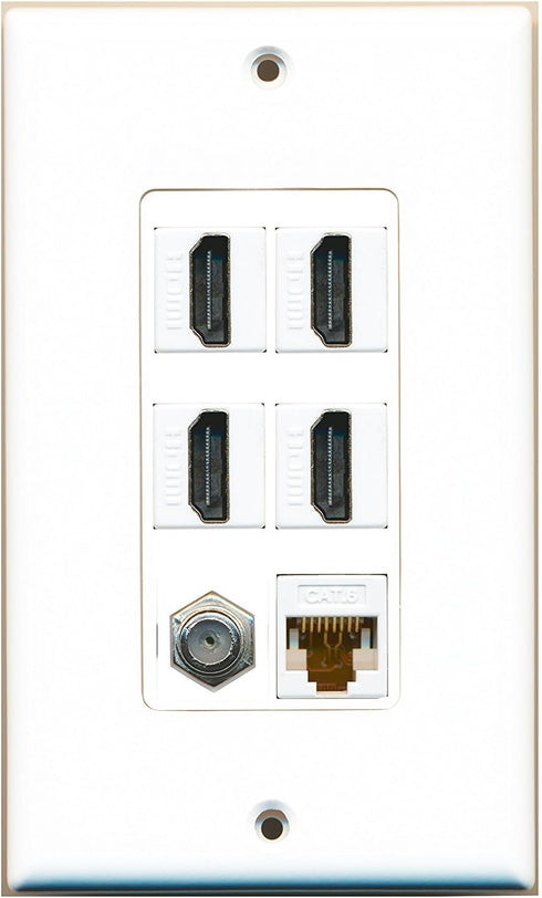 RiteAV 4 Port HDMI 1 Coax Cable TV-F-Type 1 Cat6 Ethernet White Wall Plate