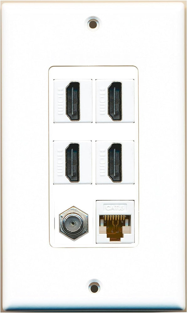 RiteAV 4 Port HDMI 1 Coax Cable TV-F-Type 1 Cat6 Ethernet White Wall Plate