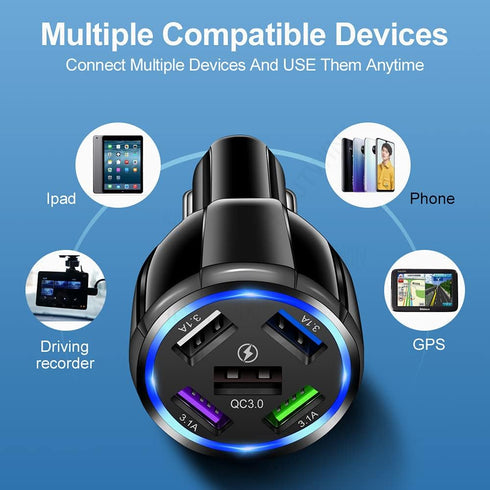 Car Charger Adapter, 5 Port QC3.0 Fast Charging Car Cigarette Lighter USB Charger, Compatible with iPhone, Android,