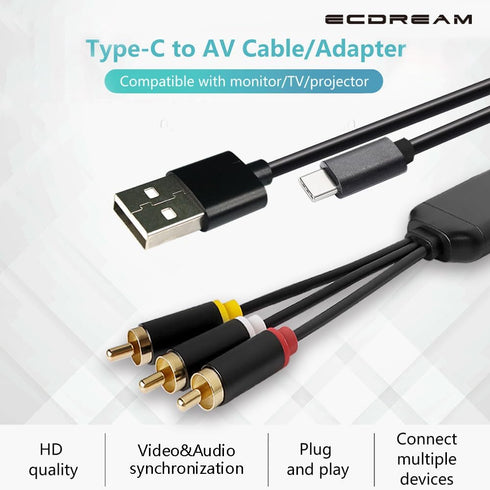 6Ft 3 USB C to RCA Cable Adapter, Wired Type-C to RCA Screen Mirroring with USB A&USB C(Charging),USB C Male to RCA