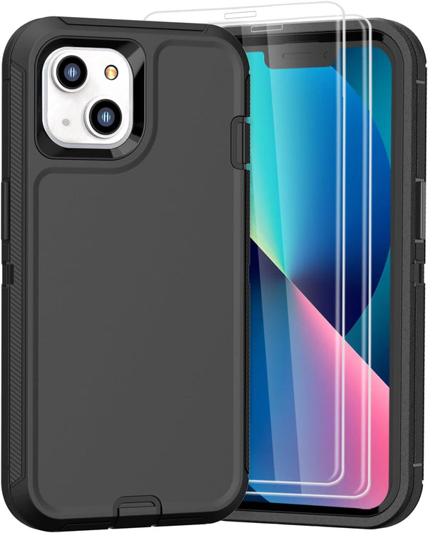 iPhone 13 Case - Military Grade Full Body Cover, Heavy Duty Shockproof Protection + 2 Screen Protectors, 6.1" (Black)