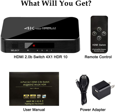 HDMI Switch 4X1, 4K Ultra HD HDMI Switcher, Support HDMI 2.0, 3D, 1080P, 4Kx2k@60Hz (IR Remote Control)