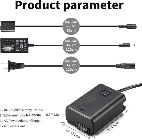 F1TP AC PW20 Power Supply Adapter - NP-FW50 Dummy Battery Coupler Kit for Sony Alpha A6000, A7II, RX10 II, III, IV