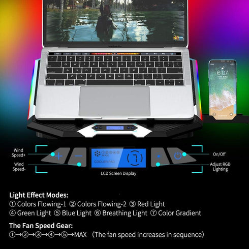 ICE COOREL Gaming Laptop Cooling Pad 15-17.3 Inch, Stand with 6 RGB Fans, Adjustable Height, LCD Screen, 2 USB Ports,