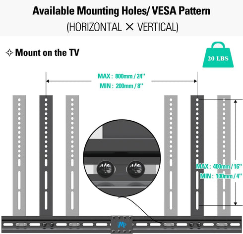 Mounting Dream Soundbar Mount, Sound Bar TV Bracket with Holes/Without Holes, Extends 3.4" to 6.1", Up to 20 LBS