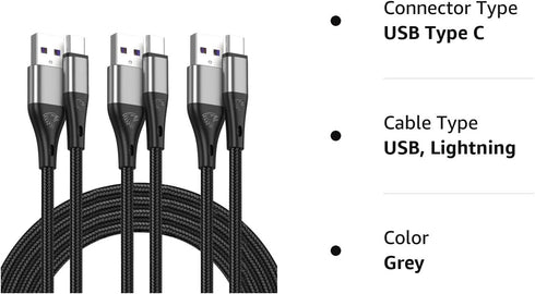 Premium Nylon Braided USB Type C Cable 10ft 3-Pack, 3A Fast Charger for Samsung Galaxy S21, Note 20, LG V50, and more.
