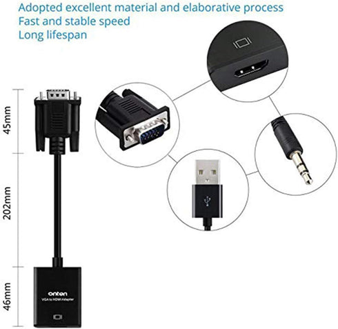 ONTEN VGA to HDMI 1080P Adapter, Male to Female for Computer, Laptop, Monitor, Projector