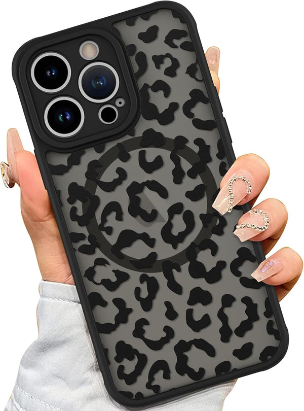 AIGOMARA iPhone 15 Pro Case - Black Leopard Pattern, MagSafe Compatible, Soft TPU Bumper, Hard PC Back, Shockproof Slim