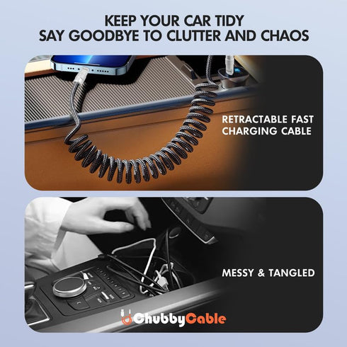 chubbycable Curly Chubby - Retractable Fast Charging Cable, 240W Coiled Charger Cord for Car, Durable USB-C Cable for
