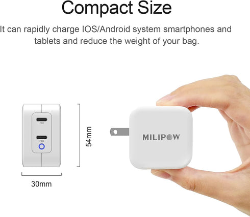 Milipow 40W Dual Ports PD3.0 USB-C Type-C Compact Charger Adapter Compatible with A Variety of Smartphones, IPad Pro, IPad Air, Google Pixel, AirPods, Apple Watch, and More