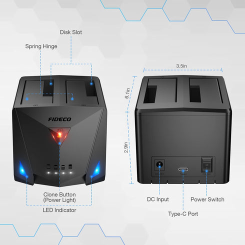FIDECO USB 3.2 Gen 1 to Hard Drive Docking Station, Supports 2.5 or 3.5 inch SATA HDD SSD with Duplicator
