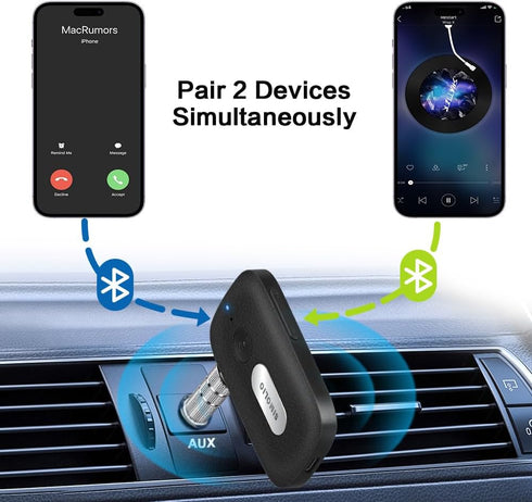 SIMOLIO Bluetooth Receiver for Car, 35H Battery Life, Noise Cancelling 3.5mm AUX Adapter
