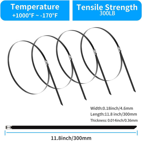 11.8 Inch (200 Pack), 304 300lbs XINGO Metal Zip Ties Stainless Steel Heavy Duty Zip Ties, Tensile Strength