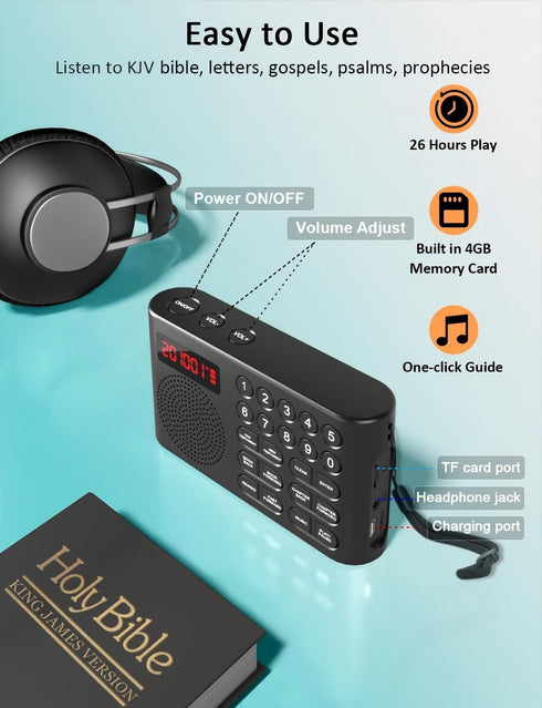 iGuerburn 26H KJV Audio Bible Player for Seniors, Electronic Bible Old & New Testament in King James Version, Easy Read