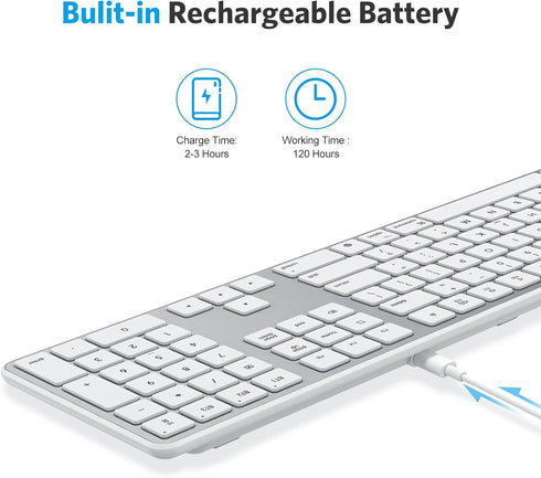 OMOTON Bluetooth Keyboard for Mac, Wireless with Numeric Keypad, Multi-Device, Rechargeable, Silver