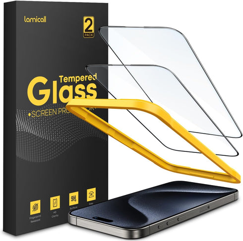 Lamicall 2Pack Screen Protector for iPhone 15 Pro Max - Black Edge, Tempered Glass, Easy Apply, Case Friendly.