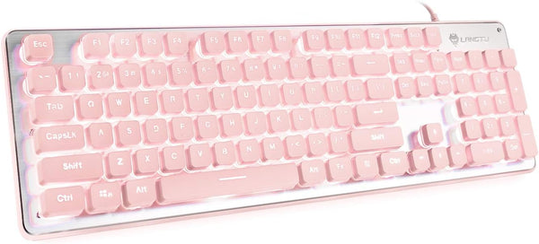 LANGTU Computer Keyboard, Backlit LED Pink Keyboard for Office, All-Metal Panel USB Wired Membrane Keyboard, 25 Keys