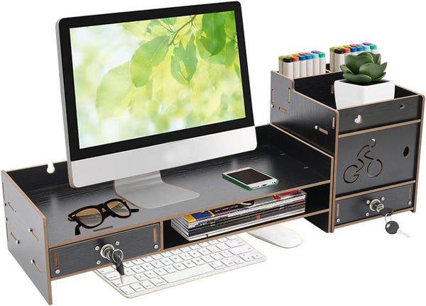 QUSKLISU Computer Monitor Stand, Computer Rack with Drawers, Two top Platforms Desk Organizer