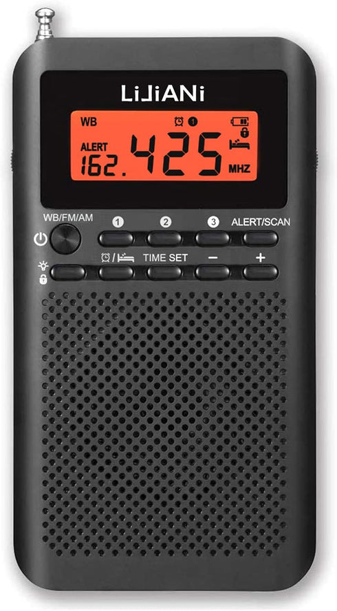 NOAA Weather AM FM Radio, Portable Battery Operated with Stereo Earphone, LCD Display Digital Alarm Clock