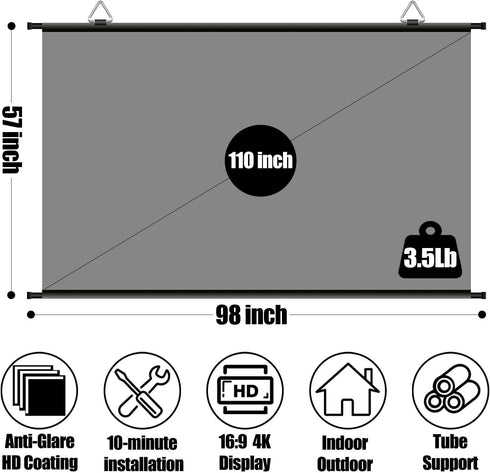 XIAOHUI 110 inch 3 4K 16:9 Projector Screen, Portable Movie Projector Screen for Outdoor Indoor with pcs Adhesive Hook