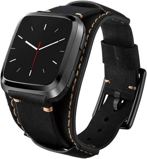 Genuine Leather Cuff Bracelet Replacement Strap for Fitbit Versa Bands - Stainless Steel Buckle for Men Women (Black)