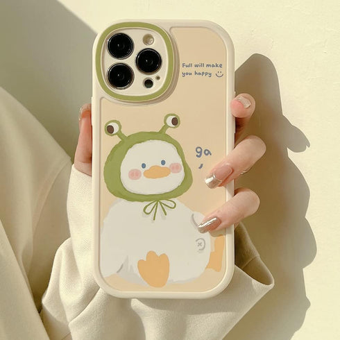 iPhone Case - Cute Caroon Duck with Frog Hat Soft Design (Beige, iPhone 14)