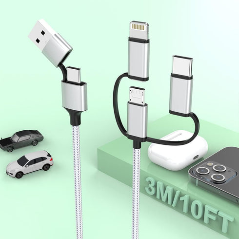 MTAKYI Multi 5 in 1 Universal USB Charging Cable, 3M/10FT USB A/Type C to Lightning+Type C+Micro USB Nylon Braided Sync