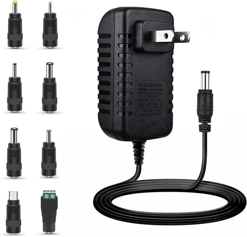 12V 2A Power Supply, Universal Adapter with 8 Selectable Plugs for LED Power Supply, CCTV Camera, BT Speaker, Router