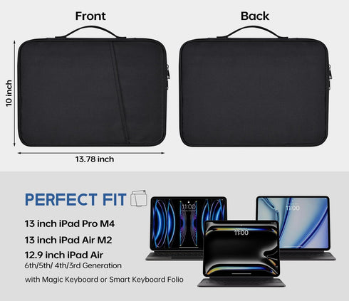 12.9-13 inch iPad Pro Case, Padded Travel Sleeve for 2024 iPad Pro 13-in M4 & iPad Air 13-in M2, Water-Resistant Black