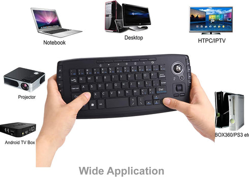 Multimedia Wireless Mini Keyboard with Trackball Mouse, 2.4Ghz, Scroll Wheel for PC, Mac, Android TV Box, Black