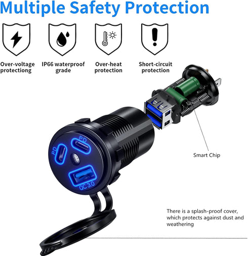 KEWIG 2Pcs 12V USB Outlet Quick Charge 3.0 USB Charger Sockets & Dual PD Type-C Ports, USB Cigarette Lighter Socket