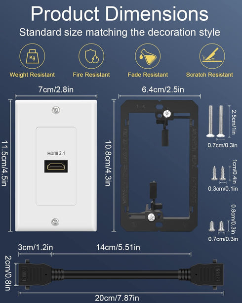 2.1 8K 8K@60Hz 4K@120Hz, 3D, 48 HDMI Wall Plate, ELECTOP HDMI Wall Outlet Pass Through with Low Voltage Metal Mounting