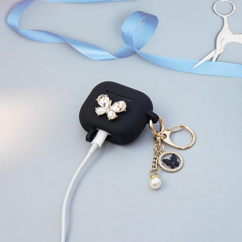 Wonhibo Cute Butterfly Designer Case for Airpods 3, Cover for 3rd Generation 2021 with Keychain (Black)