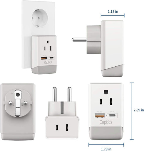 Ceptics European Travel Plug Adapter with Schuko QC 3.0 & PD Safe Dual USB & USB-C - 2 USA Socket - Compact & Powerful