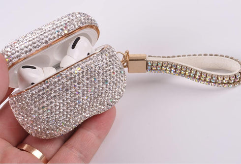 Sparkly Diamond Case for AirPods Pro 1&2 Generation, Premium Bling Rhinestone Cover Skin with Keychain (White AB Gold)