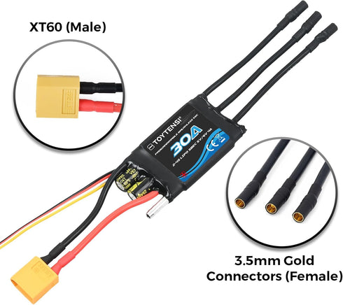 TOYTENSI 30A 24S XT60 3.5mm Water-Cooled Brushless Marine ESC for RC Boat, Boat ESC with & Bullet Connectors