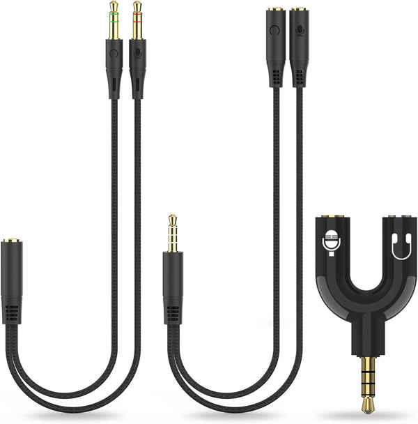 Headphone Splitter Adapter, 3-in-1 Pack, 3.5mm Male to 2 Port 3.5mm Female & 3.5mm Female to 2 Port 3.5mm Male Aux