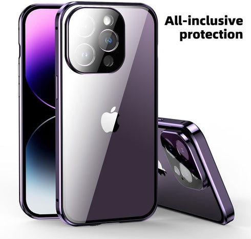 iPhone 15 Pro Anti-Peeping Case: 360° Full Body Privacy Screen, Clear Tempered Glass, Magnetic Metal Bumper, Black.