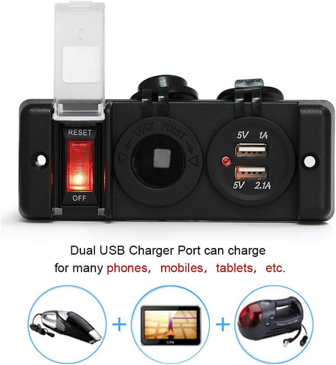 12V Waterproof Cigarette Lighter Socket, Dual USB Power Socket Switch Panel for Car RV Marine Boat