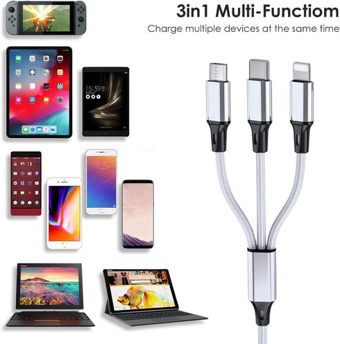 10ft 2-Pack Multi Charging Cable - Braided 3-in-1 USB Cable with USB C & Micro USB for Phones & More. Extra Long!