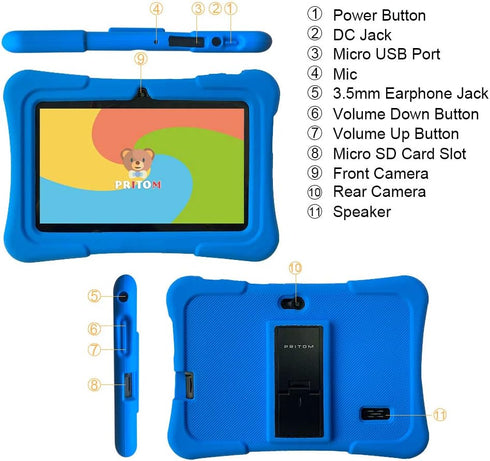 PRITOM 7 inch Kids Tablet, Quad Core Android OS, 32GB, WiFi, Bluetooth, Kids Software Pre-Installed, Dark Blue