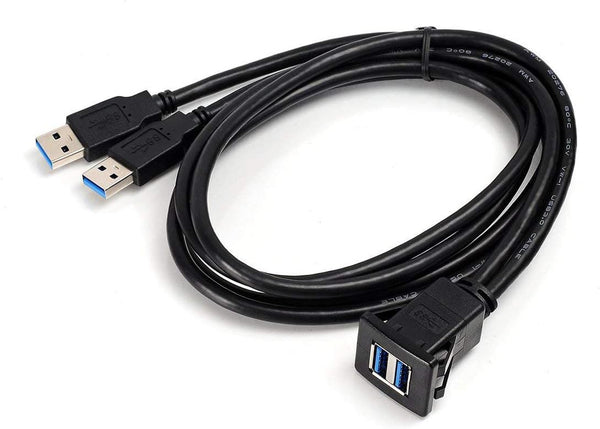 USB Flush Mount Cable, 1 Meter 3ft Dual USB 3.0 Ports Panel Mount Extension Cable for Car Boat Motorcycle