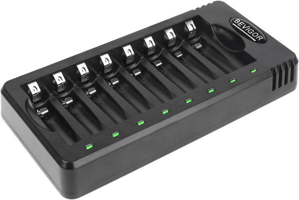 BEVIGOR 8 Bay AA AAA Battery Charger, Independent Slot Charger with LED Light,